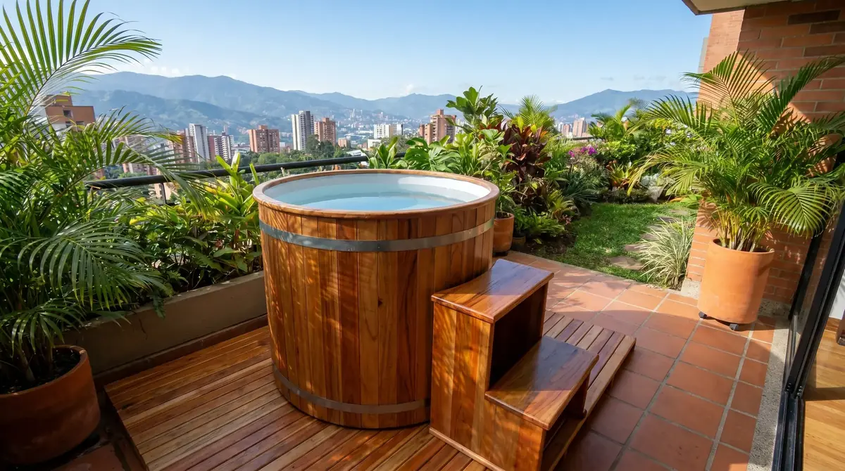 Cold plunge individual en madera con escalera instalado en terraza con vista a la ciudad