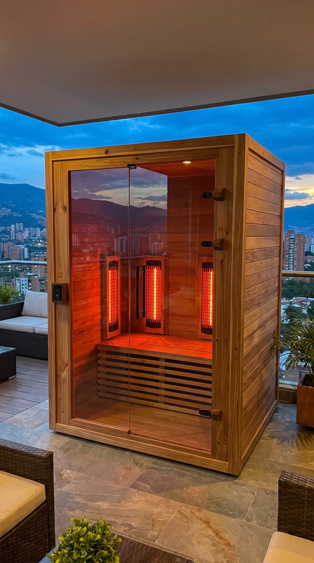 Cabina infrarroja compacta de madera instalada en terraza con vista a Medellín
