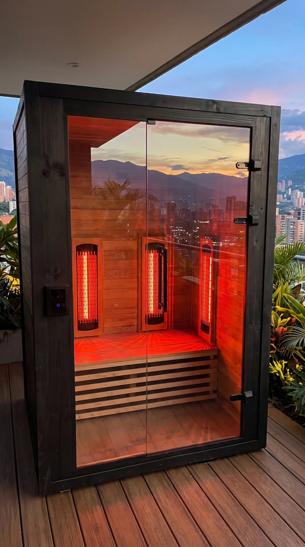 Vista vertical de acceso a sauna infrarroja para 1 a 2 personas en terraza