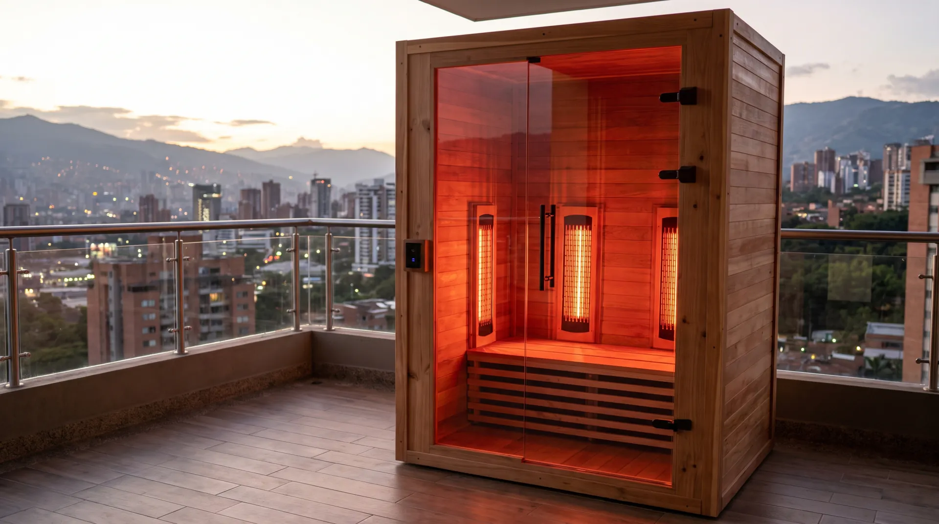 Sauna infrarroja para 1 a 2 personas en terraza con vista panorámica de Medellín