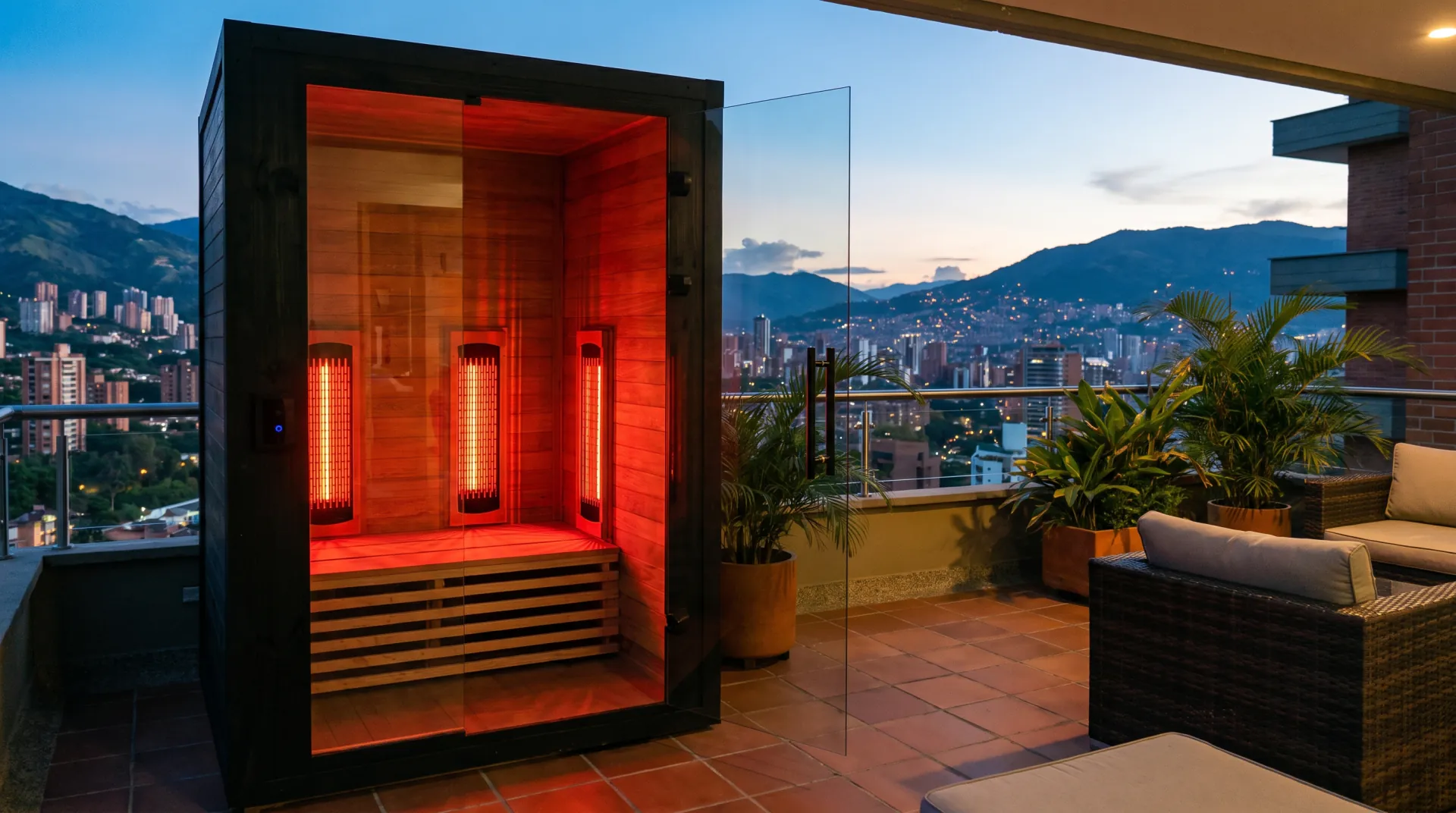 Vista frontal de sauna infrarroja para 1 a 2 personas instalada en terraza