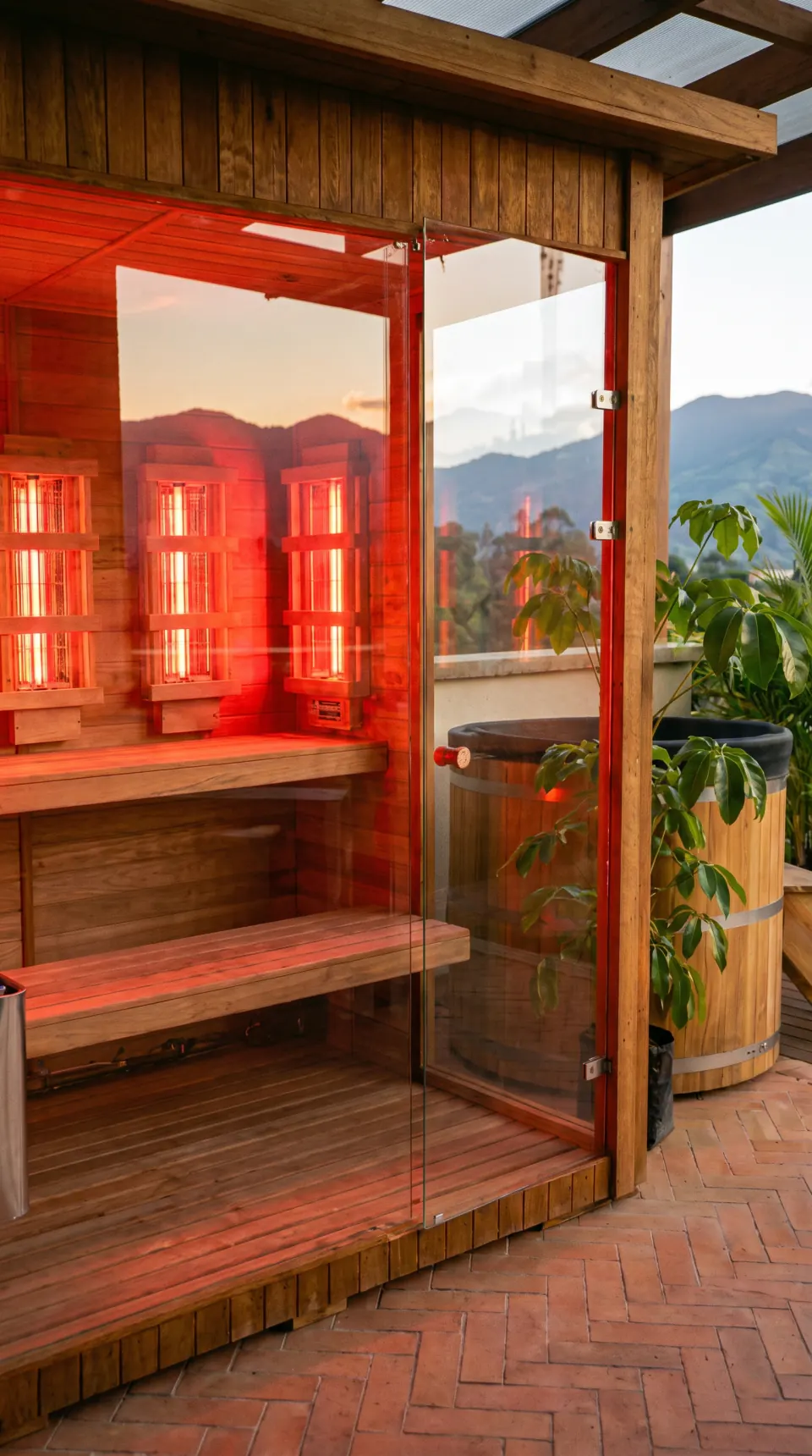 Detalle frontal vertical de sauna infrarroja híbrida con puerta de vidrio