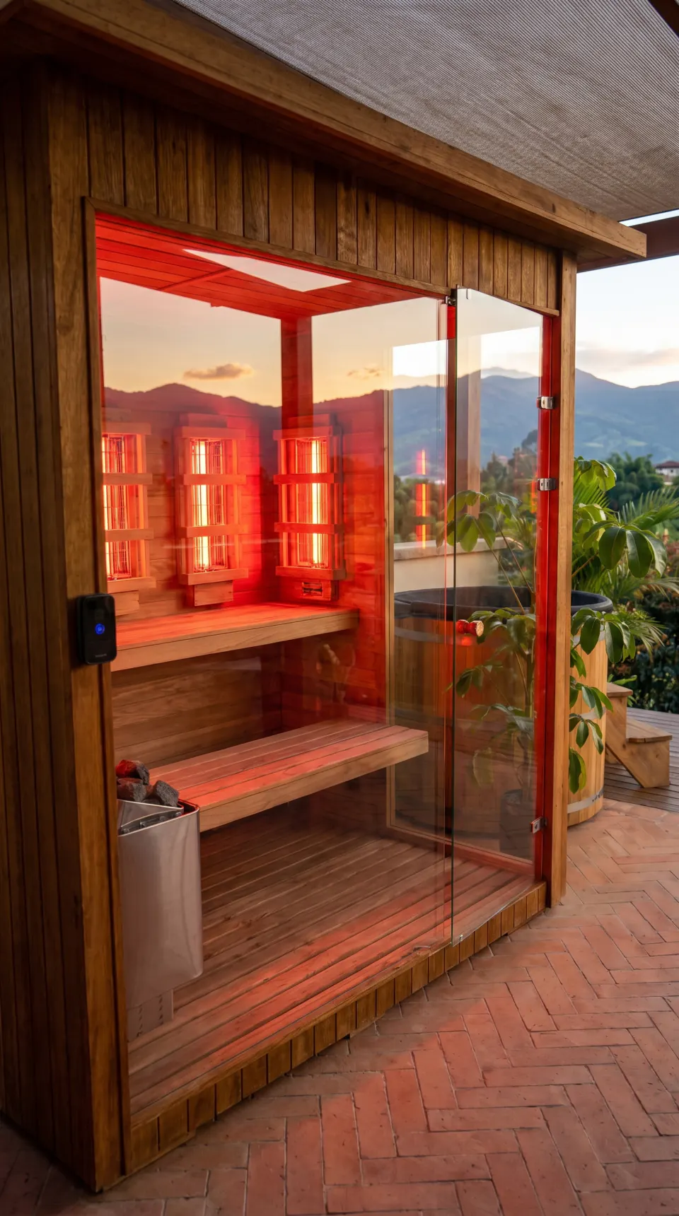 Detalle lateral vertical de sauna infrarroja híbrida con vista a las montañas