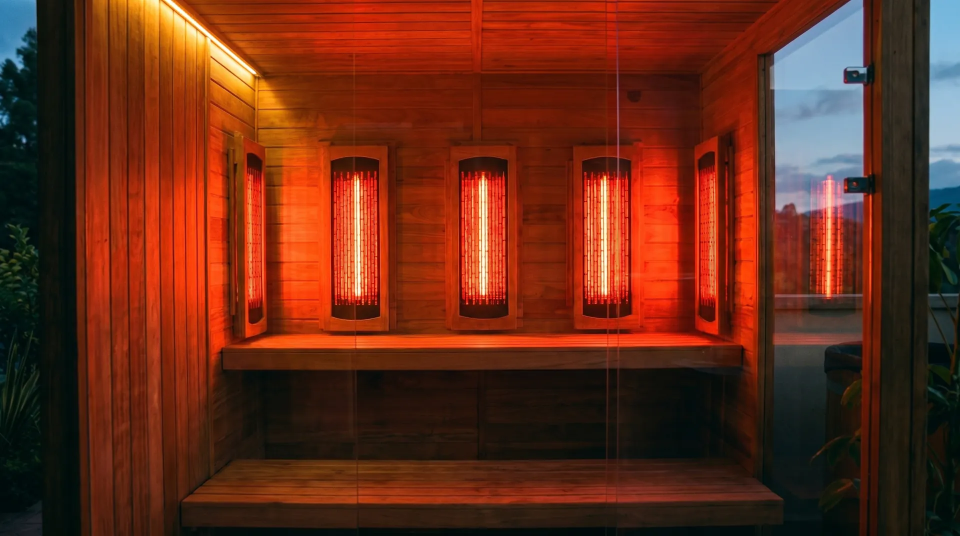 Vista frontal del interior de sauna infrarroja para 4 a 6 personas con cinco lámparas encendidas