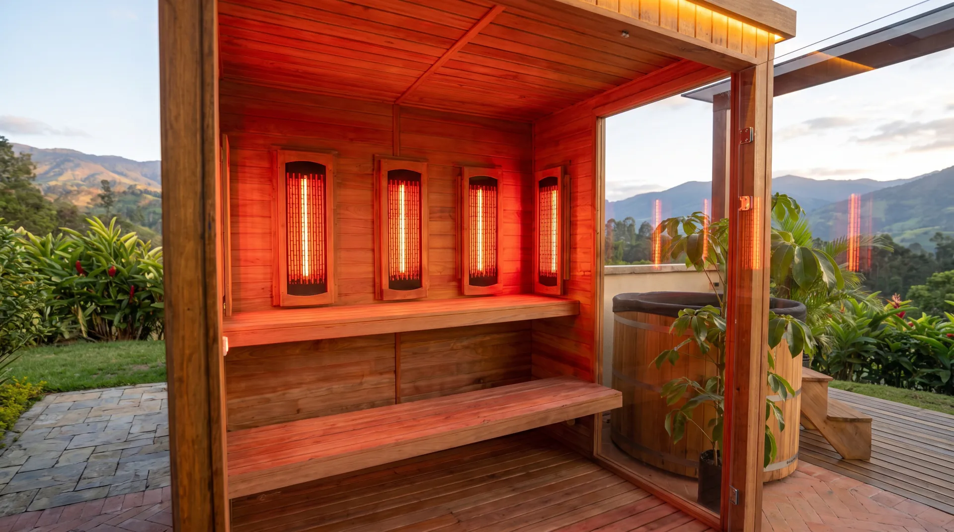 Interior de sauna infrarroja para 4 a 6 personas con cinco lámparas encendidas y vista panorámica