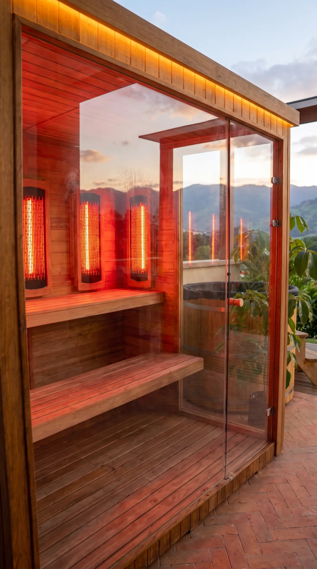Vista vertical del interior de sauna infrarroja para 4 a 6 personas junto a la puerta de vidrio
