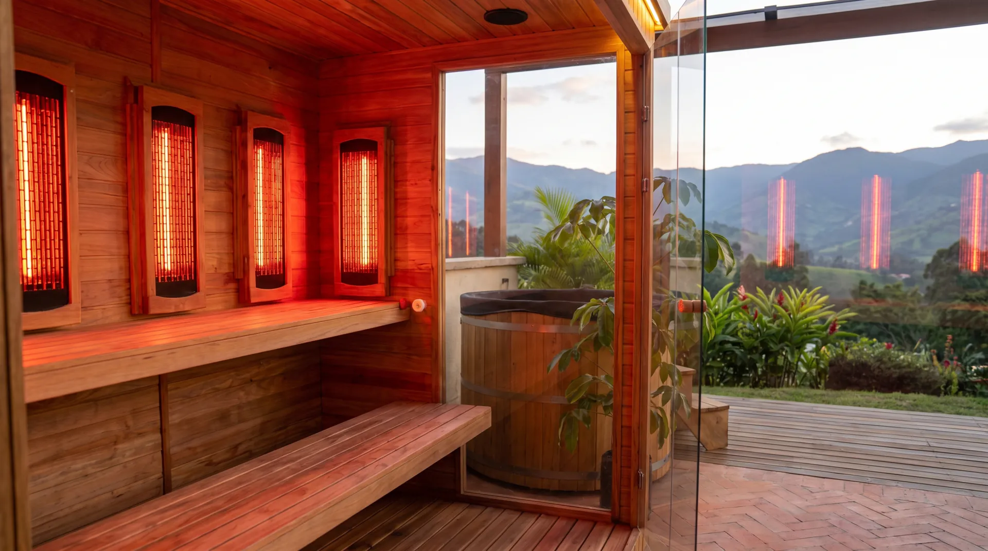 Interior de sauna infrarroja para 4 a 6 personas en madera de cedro con puerta de vidrio