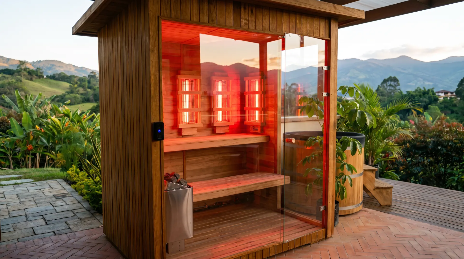 Vista lateral panorámica de sauna infrarroja híbrida con lámparas encendidas