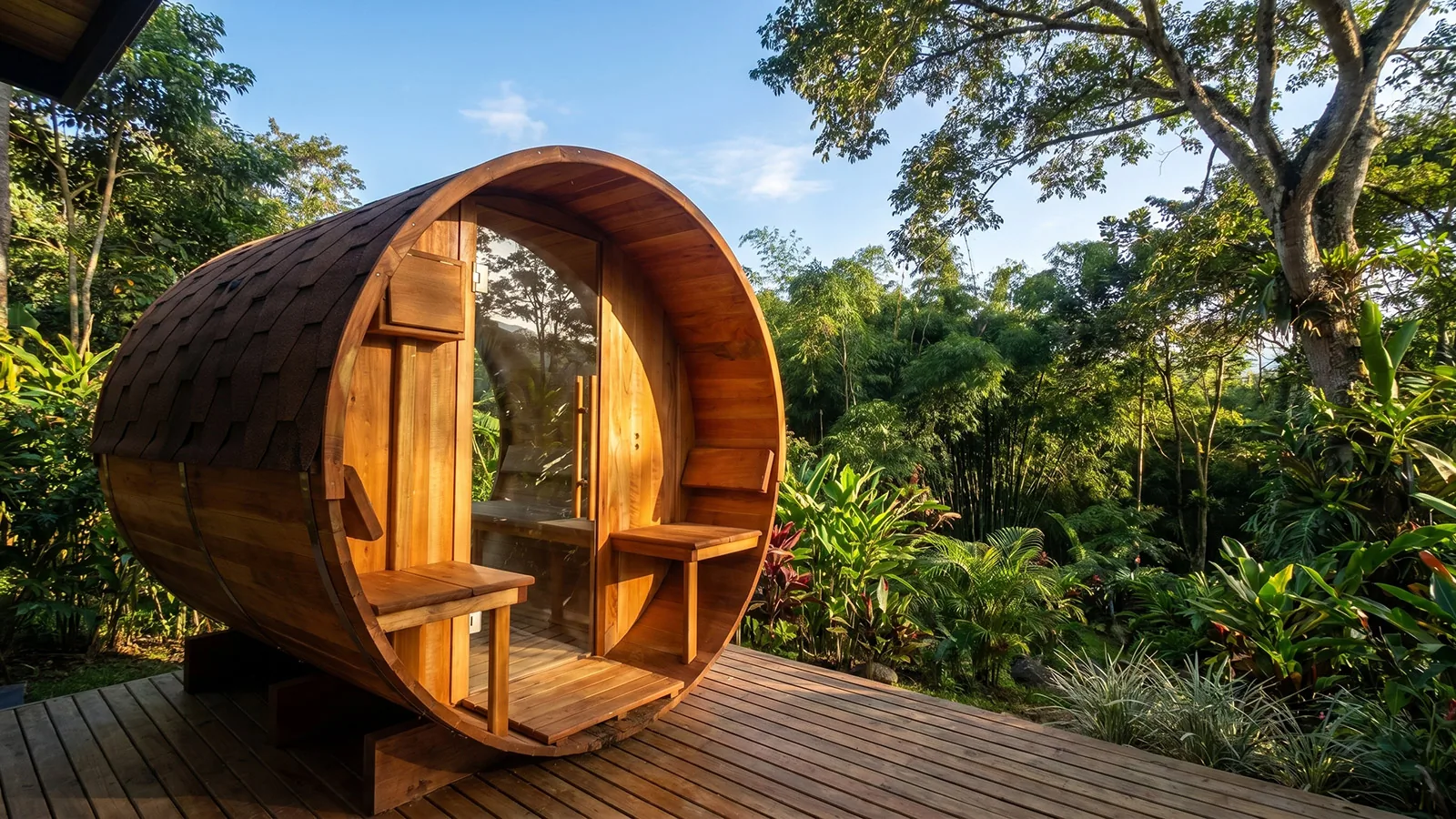 Sauna barril exterior en madera con pórtico
